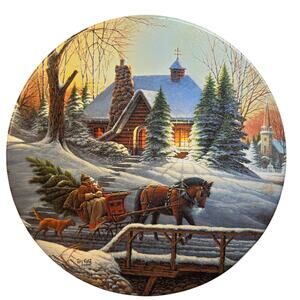Vintage Terry Redlin 2010 Round Tin Heading Home Christmas Scene Log Cabin Tree